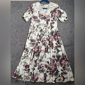 Atina by Karon Crosby Long Maxi Dress Women 10 White Floral Pleated Button Front